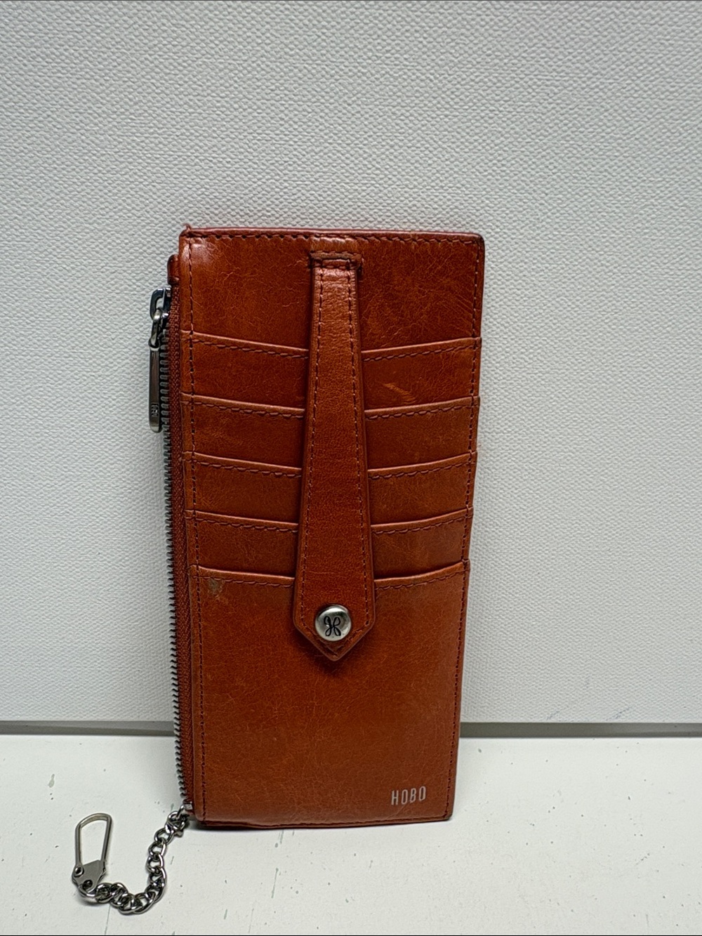 HOBO Chestnut Brown Leather Zip Card Holder with Chain Clip